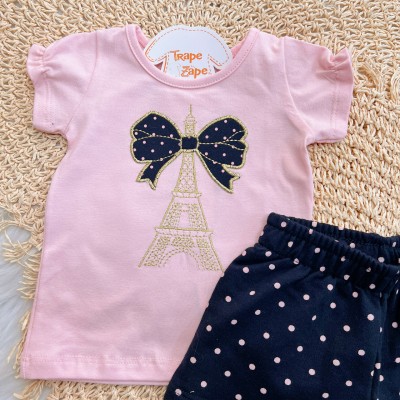 Conj. Blusa Torre Eiffel com Laço e Short Poá - Preto e Rosa